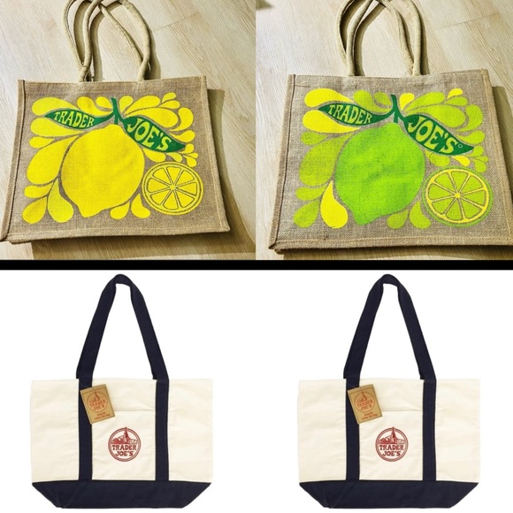 4 X Trader Joe’s Bags, 2 Lemon and Lime Jute bag, 2 Blue Large Tote Bag - Picture 1 of 6